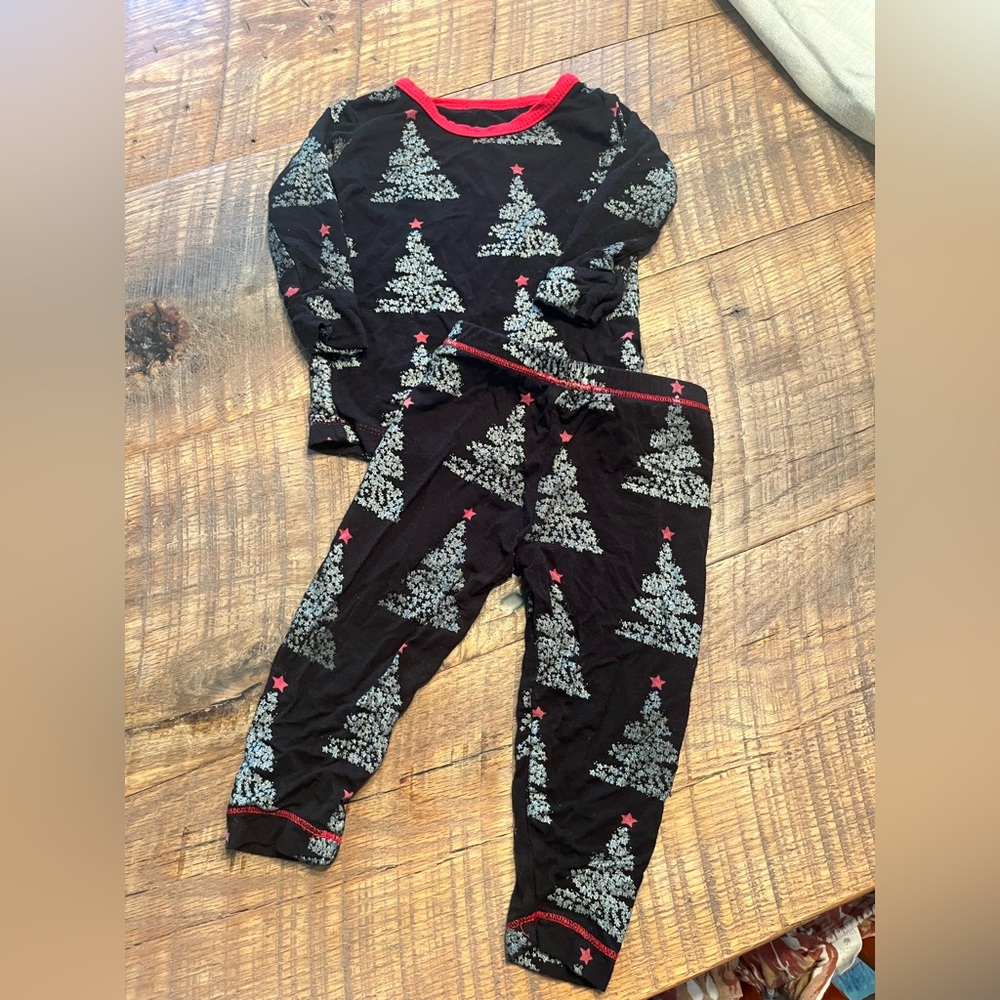Kids Bamboo Black Christmas Tree Pajama Set with Red Accents